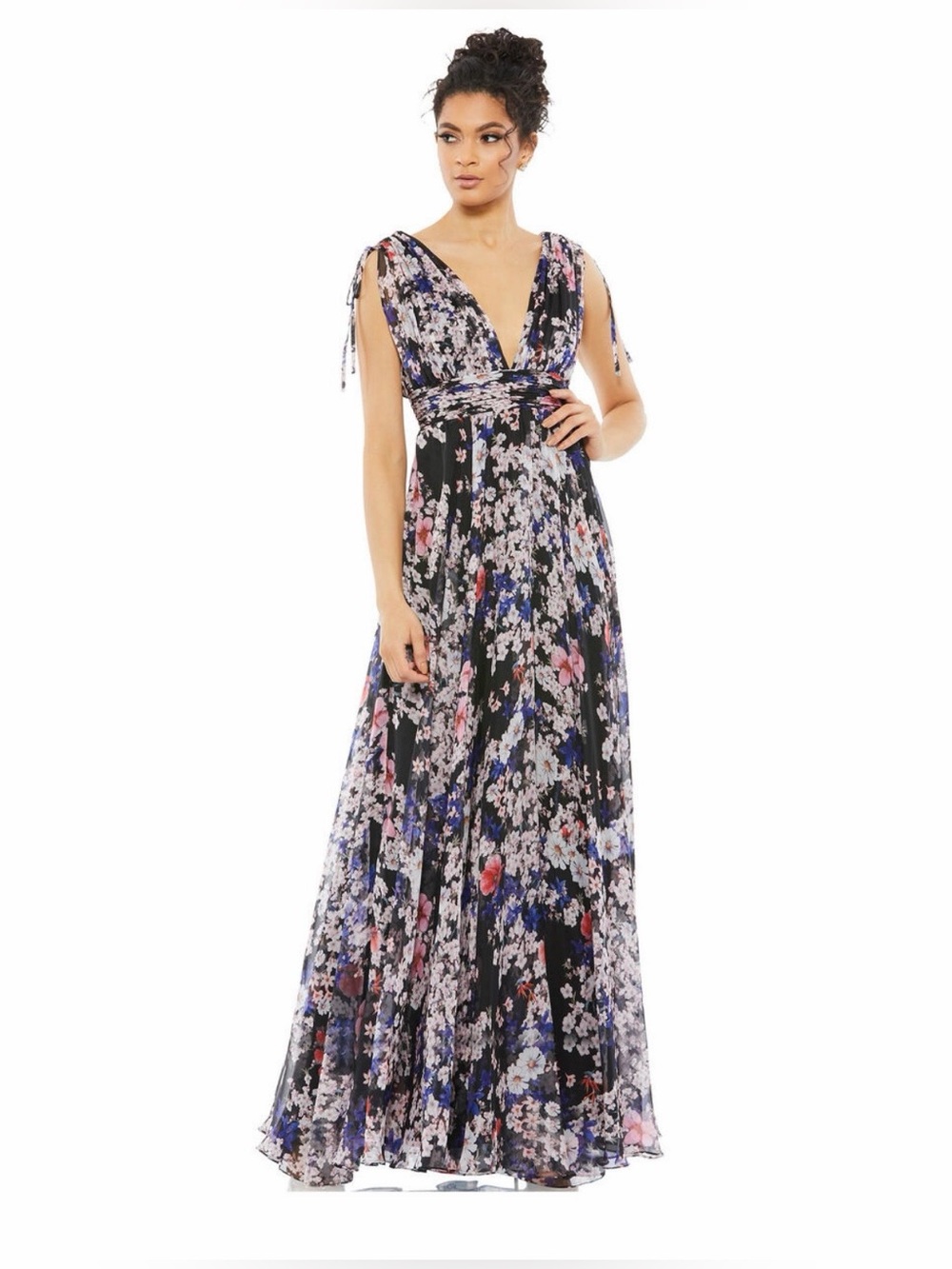 Mac Duggal NWT Sz 4 Black Floral Tie Shoulder Chiffon VNeck Maxi Dress Gown Gala